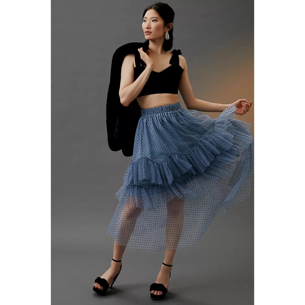 Eva Franco Blue Polka Dot Tulle Midi Skirt with Ruffle Tiers
